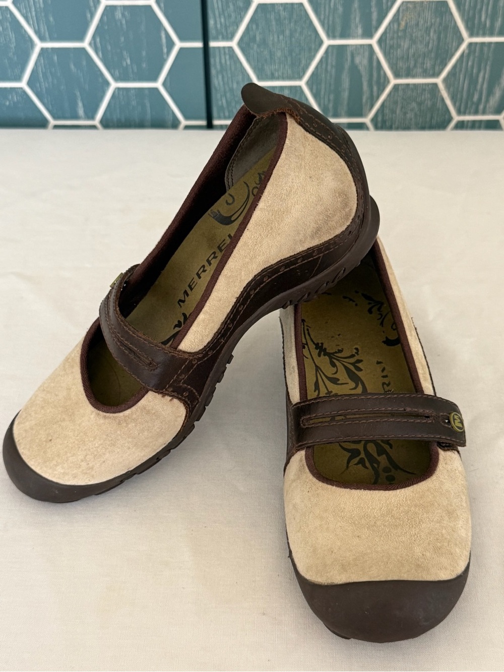 Merrell Women’s Beige and Brown Suede Mary Jane Flats